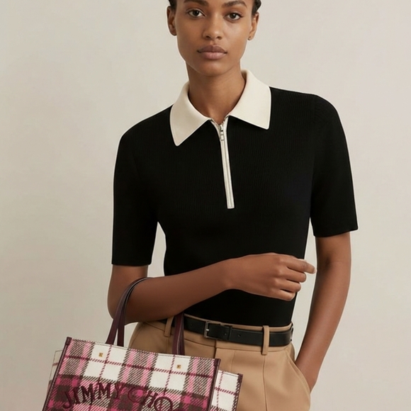 🔥Jimmy Choo Varenne Tote  in Burgundy Check Plaid Wool Logo Embroidery - Picture 2 of 10